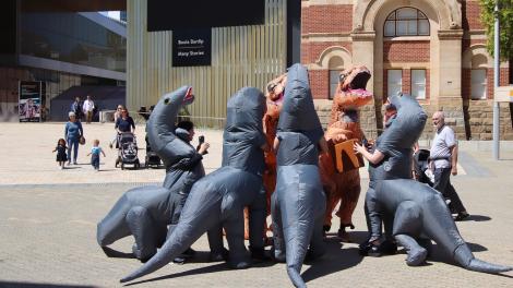 A group of inflatable dinosaurs outside Boola Bardip
